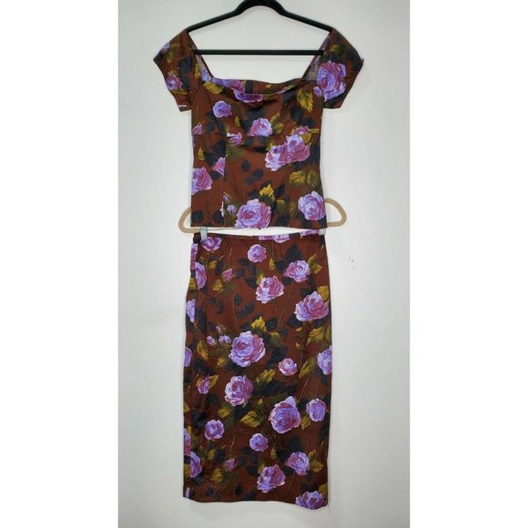 Karen Millen 14/12 2 Piece Skirt Set Purple Floral Baby Doll Top Pencil Skirt - Picture 1 of 5